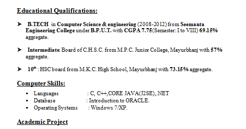 Resume format for b tech freshers